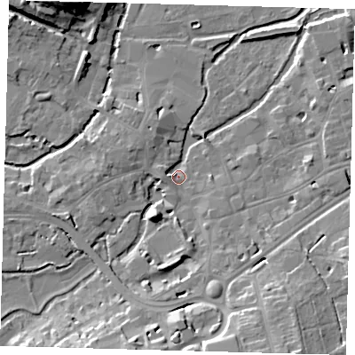 Shaded relief map of the ground around SG141PY, computed from Environment Agency LiDAR. The ground here sits at about 38 m above sea level and falls 17 m across the surrounding 800 m. Surface water reaching this point runs off ground lying to the south-south-east, 14.0 m higher.