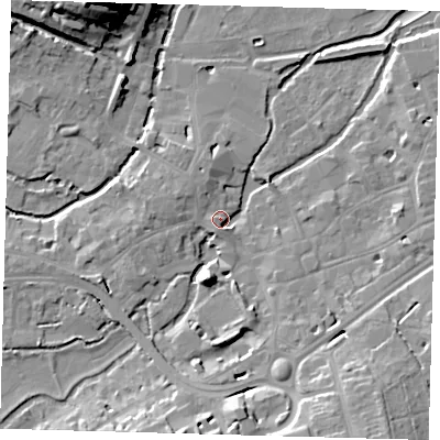 Shaded relief map of the ground around SG141PZ, computed from Environment Agency LiDAR. The ground here sits at about 40 m above sea level and falls 25 m across the surrounding 800 m. Surface water reaching this point runs off ground lying to the south-south-east, 13.5 m higher.