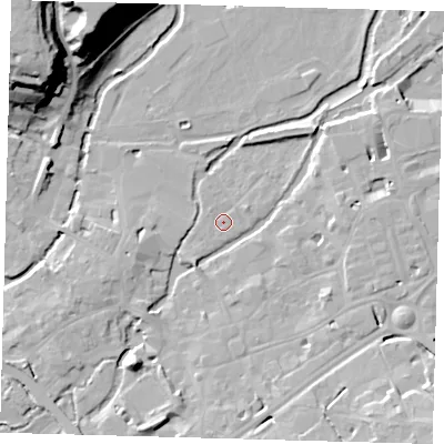 Shaded relief map of the ground around SG141QD, computed from Environment Agency LiDAR. The ground here sits at about 38 m above sea level and falls 32 m across the surrounding 800 m. Surface water reaching this point runs off ground lying to the north-west, 0.8 m higher.