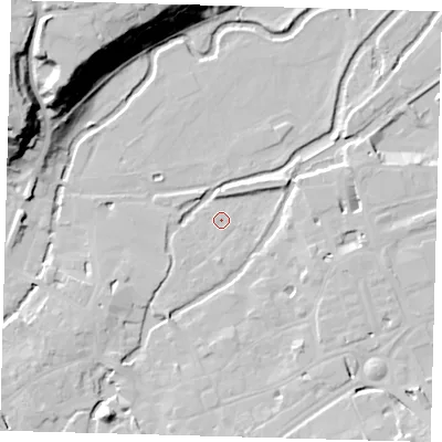 Shaded relief map of the ground around SG141QG, computed from Environment Agency LiDAR. The ground here sits at about 37 m above sea level and falls 35 m across the surrounding 800 m. Surface water reaching this point runs off ground lying to the south-south-east, 1.4 m higher.