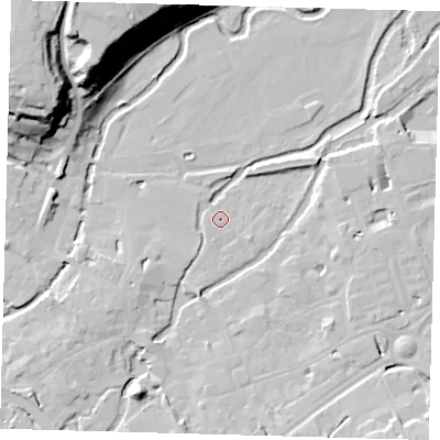 Shaded relief map of the ground around SG141QH, computed from Environment Agency LiDAR. The ground here sits at about 38 m above sea level and falls 34 m across the surrounding 800 m. Surface water reaching this point runs off ground lying to the south-east, 1.6 m higher.