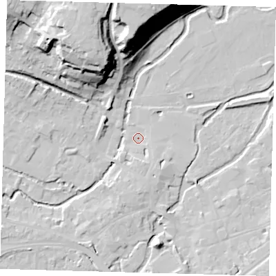 Shaded relief map of the ground around SG141QN, computed from Environment Agency LiDAR. The ground here sits at about 38 m above sea level and falls 33 m across the surrounding 800 m. Surface water reaching this point runs off ground lying to the south-south-east, 3.5 m higher.