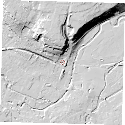 Shaded relief map of the ground around SG141QP, computed from Environment Agency LiDAR. The ground here sits at about 39 m above sea level and falls 35 m across the surrounding 800 m. Surface water reaching this point runs off ground lying to the north-north-west, 28.5 m higher.