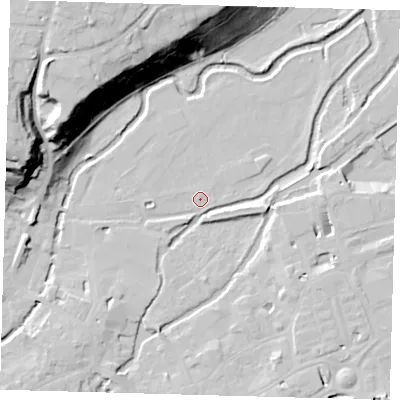 Shaded relief map of the ground around SG141QR, computed from Environment Agency LiDAR. The ground here sits at about 37 m above sea level and falls 35 m across the surrounding 800 m. Surface water reaching this point runs off ground lying to the south-west, 2.5 m higher.