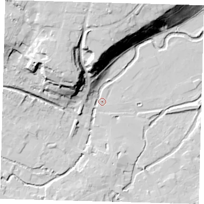 Shaded relief map of the ground around SG141QS, computed from Environment Agency LiDAR. The ground here sits at about 37 m above sea level and falls 35 m across the surrounding 800 m. Surface water reaching this point runs off ground lying to the north-north-west, 32.0 m higher.