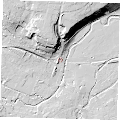 Shaded relief map of the ground around SG141QT, computed from Environment Agency LiDAR. The ground here sits at about 39 m above sea level and falls 35 m across the surrounding 800 m. Surface water reaching this point runs off ground lying to the north, 29.9 m higher.