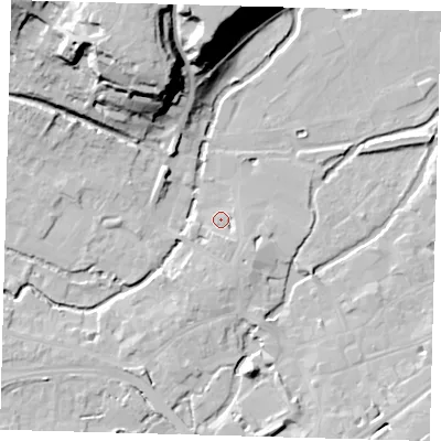 Shaded relief map of the ground around SG141QW, computed from Environment Agency LiDAR. The ground here sits at about 38 m above sea level and falls 32 m across the surrounding 800 m. Surface water reaching this point runs off ground lying to the south-south-east, 3.5 m higher.