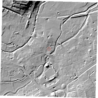 Shaded relief map of the ground around SG141RB, computed from Environment Agency LiDAR. The ground here sits at about 39 m above sea level and falls 29 m across the surrounding 800 m. Surface water reaching this point runs off ground lying to the west-north-west, 2.3 m higher.