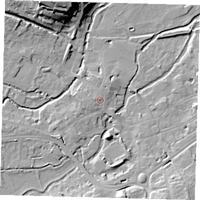 Shaded relief map of the ground around SG141RE, computed from Environment Agency LiDAR. The ground here sits at about 40 m above sea level and falls 29 m across the surrounding 800 m. Surface water reaching this point runs off ground lying to the west-north-west, 1.2 m higher.