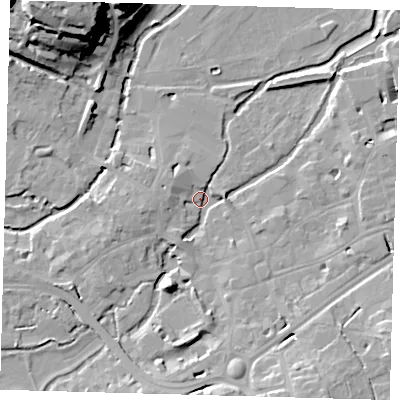 Shaded relief map of the ground around SG141RU, computed from Environment Agency LiDAR. The ground here sits at about 38 m above sea level and falls 30 m across the surrounding 800 m. Surface water reaching this point runs off ground lying to the south, 9.0 m higher.