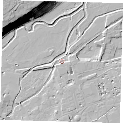 Shaded relief map of the ground around SG141SA, computed from Environment Agency LiDAR. The ground here sits at about 37 m above sea level and falls 35 m across the surrounding 800 m. Surface water reaching this point runs off ground lying to the south, 4.9 m higher.