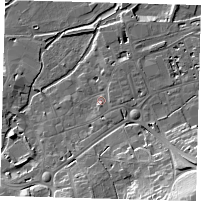 Shaded relief map of the ground around SG141SH, computed from Environment Agency LiDAR. The ground here sits at about 40 m above sea level and falls 30 m across the surrounding 800 m. Surface water reaching this point runs off ground lying to the south, 2.6 m higher.