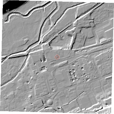 Shaded relief map of the ground around SG141SR, computed from Environment Agency LiDAR. The ground here sits at about 40 m above sea level and falls 31 m across the surrounding 800 m. Surface water reaching this point runs off ground lying to the west-south-west, 1.0 m higher.