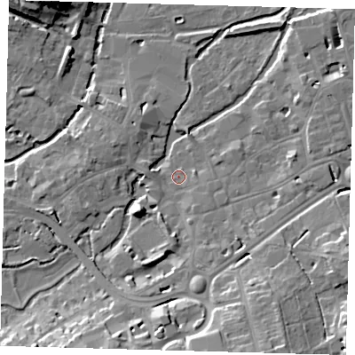 Shaded relief map of the ground around SG141SZ, computed from Environment Agency LiDAR. The ground here sits at about 38 m above sea level and falls 16 m across the surrounding 800 m. Surface water reaching this point runs off ground lying to the south, 14.2 m higher.