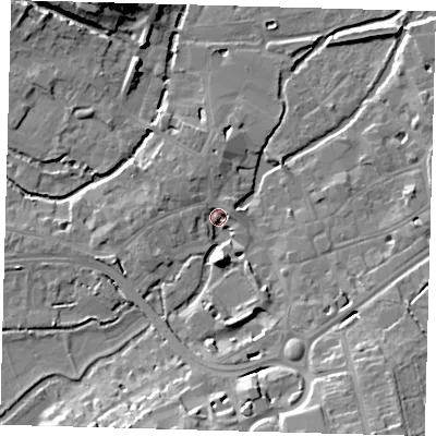 Shaded relief map of the ground around SG141TU, computed from Environment Agency LiDAR. The ground here sits at about 39 m above sea level and falls 16 m across the surrounding 800 m. Surface water reaching this point runs off ground lying to the south, 11.9 m higher.