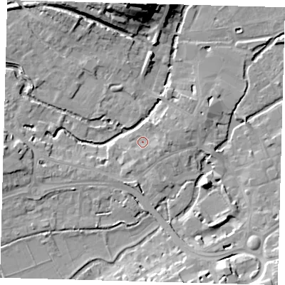 Shaded relief map of the ground around SG141TZ, computed from Environment Agency LiDAR. The ground here sits at about 39 m above sea level and falls 26 m across the surrounding 800 m. Surface water reaching this point runs off ground lying to the south-south-east, 2.0 m higher.
