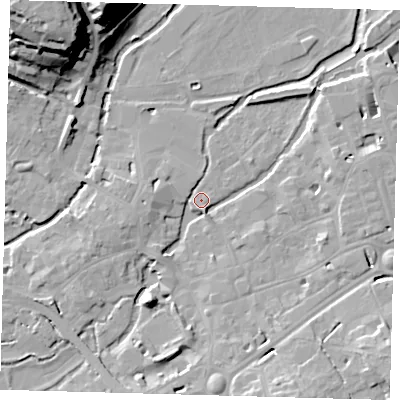 Shaded relief map of the ground around SG141UB, computed from Environment Agency LiDAR. The ground here sits at about 38 m above sea level and falls 31 m across the surrounding 800 m. Surface water reaching this point runs off ground lying to the south-south-west, 8.3 m higher.