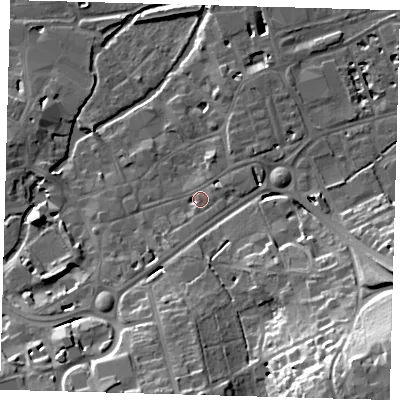 Shaded relief map of the ground around SG141YY, computed from Environment Agency LiDAR. The ground here sits at about 41 m above sea level and falls 31 m across the surrounding 800 m. Surface water reaching this point runs off ground lying to the north-east, 1.9 m higher.