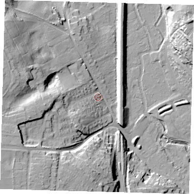 Shaded relief map of the ground around SG142BU, computed from Environment Agency LiDAR. The ground here sits at about 47 m above sea level and falls 34 m across the surrounding 800 m. Surface water reaching this point runs off ground lying to the west-north-west, 26.1 m higher.