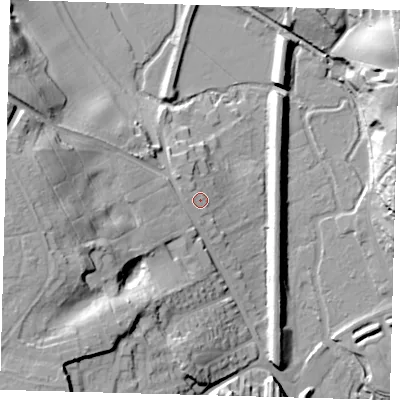 Shaded relief map of the ground around SG142BZ, computed from Environment Agency LiDAR. The ground here sits at about 47 m above sea level and falls 35 m across the surrounding 800 m. Surface water reaching this point runs off ground lying to the west, 3.0 m higher.
