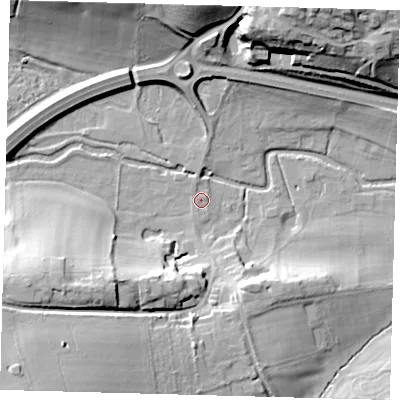 Shaded relief map of the ground around SG142LB, computed from Environment Agency LiDAR. The ground here sits at about 42 m above sea level and falls 31 m across the surrounding 800 m. Surface water reaching this point runs off ground lying to the south-south-west, 16.8 m higher.
