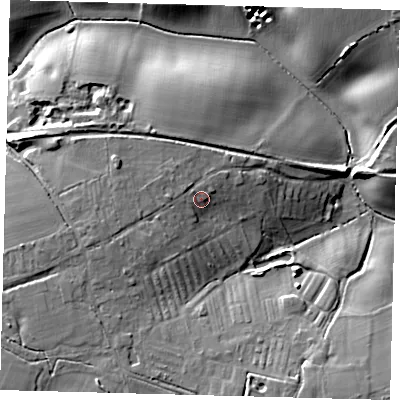 Shaded relief map of the ground around SG142PA, computed from Environment Agency LiDAR. The ground here sits at about 70 m above sea level and falls 16 m across the surrounding 800 m. Surface water reaching this point runs off ground lying to the north-west, 2.3 m higher.