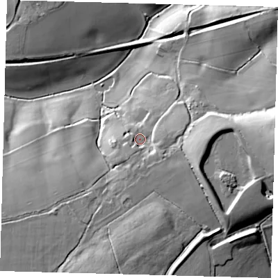 Shaded relief map of the ground around SG142PD, computed from Environment Agency LiDAR. The ground here sits at about 68 m above sea level and falls 24 m across the surrounding 800 m. Surface water reaching this point runs off ground lying to the south, 5.4 m higher.
