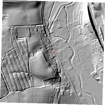 Shaded relief map of the ground around SG142PR, computed from Environment Agency LiDAR. The ground here sits at about 45 m above sea level and falls 37 m across the surrounding 800 m. Surface water reaching this point runs off ground lying to the south-west, 21.7 m higher.