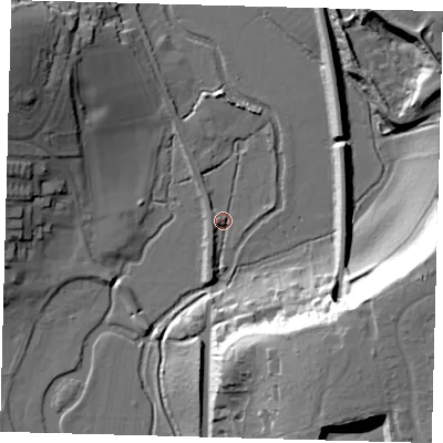 Shaded relief map of the ground around SG142PW, computed from Environment Agency LiDAR. The ground here sits at about 42 m above sea level and falls 33 m across the surrounding 800 m. Surface water reaching this point runs off ground lying to the north, 4.9 m higher.