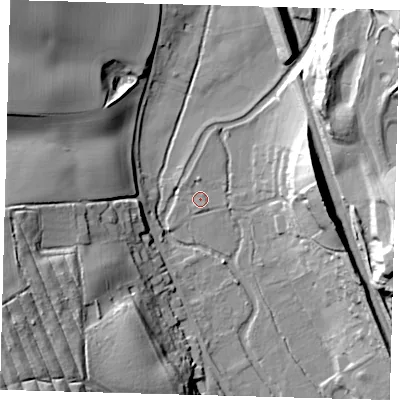Shaded relief map of the ground around SG142PZ, computed from Environment Agency LiDAR. The ground here sits at about 43 m above sea level and falls 34 m across the surrounding 800 m. Surface water reaching this point runs off ground lying to the north, 1.7 m higher.