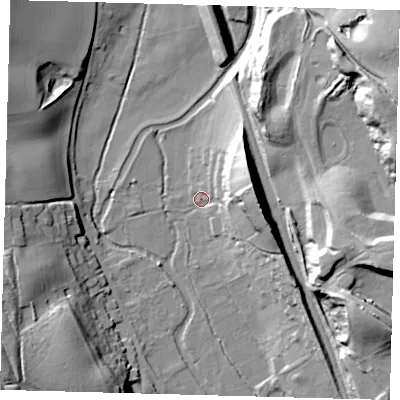Shaded relief map of the ground around SG142QA, computed from Environment Agency LiDAR. The ground here sits at about 44 m above sea level and falls 33 m across the surrounding 800 m. Surface water reaching this point runs off ground lying to the east-north-east, 22.6 m higher.