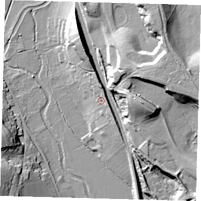 Shaded relief map of the ground around SG142QD, computed from Environment Agency LiDAR. The ground here sits at about 52 m above sea level and falls 33 m across the surrounding 800 m. Surface water reaching this point runs off ground lying to the east-south-east, 6.0 m higher.
