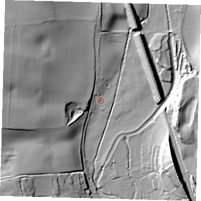 Shaded relief map of the ground around SG142RA, computed from Environment Agency LiDAR. The ground here sits at about 45 m above sea level and falls 33 m across the surrounding 800 m. Surface water reaching this point runs off ground lying to the west-north-west, 13.9 m higher.