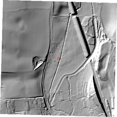 Shaded relief map of the ground around SG142RF, computed from Environment Agency LiDAR. The ground here sits at about 44 m above sea level and falls 33 m across the surrounding 800 m. Surface water reaching this point runs off ground lying to the west-north-west, 29.4 m higher.