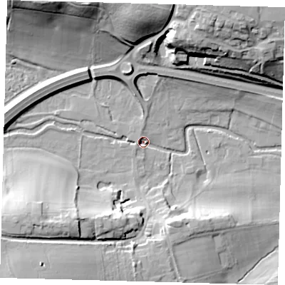 Shaded relief map of the ground around SG142SB, computed from Environment Agency LiDAR. The ground here sits at about 40 m above sea level and falls 32 m across the surrounding 800 m. Surface water reaching this point runs off ground lying to the north-north-west, 2.6 m higher.