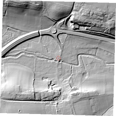 Shaded relief map of the ground around SG142SD, computed from Environment Agency LiDAR. The ground here sits at about 42 m above sea level and falls 32 m across the surrounding 800 m. The ground contributing surface water to this point lies to the east-north-east.