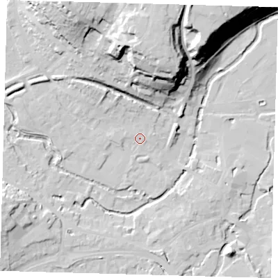 Shaded relief map of the ground around SG143AA, computed from Environment Agency LiDAR. The ground here sits at about 39 m above sea level and falls 34 m across the surrounding 800 m. Surface water reaching this point runs off ground lying to the north-north-east, 1.4 m higher.