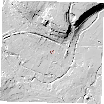 Shaded relief map of the ground around SG143AB, computed from Environment Agency LiDAR. The ground here sits at about 39 m above sea level and falls 34 m across the surrounding 800 m. Surface water reaching this point runs off ground lying to the north, 3.2 m higher.