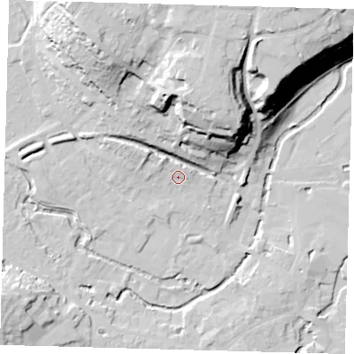 Shaded relief map of the ground around SG143AE, computed from Environment Agency LiDAR. The ground here sits at about 40 m above sea level and falls 34 m across the surrounding 800 m. Surface water reaching this point runs off ground lying to the north-east, 2.6 m higher.