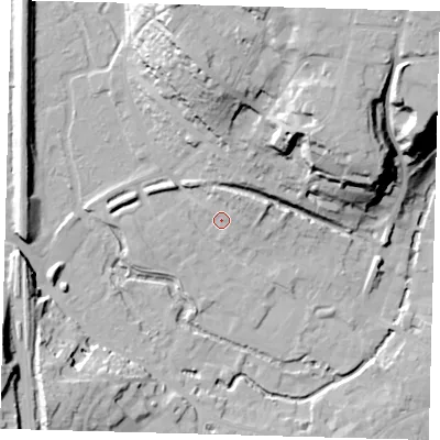 Shaded relief map of the ground around SG143AF, computed from Environment Agency LiDAR. The ground here sits at about 40 m above sea level and falls 34 m across the surrounding 800 m. Surface water reaching this point runs off ground lying to the north-east, 4.7 m higher.