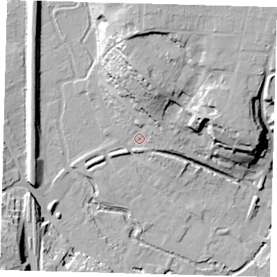 Shaded relief map of the ground around SG143AG, computed from Environment Agency LiDAR. The ground here sits at about 41 m above sea level and falls 34 m across the surrounding 800 m. Surface water reaching this point runs off ground lying to the north-north-east, 23.4 m higher.