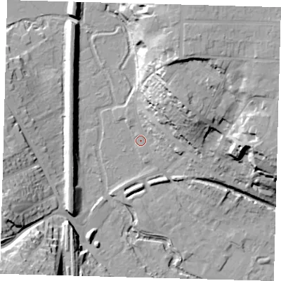 Shaded relief map of the ground around SG143AQ, computed from Environment Agency LiDAR. The ground here sits at about 39 m above sea level and falls 33 m across the surrounding 800 m. Surface water reaching this point runs off ground lying to the north-north-east, 31.8 m higher.