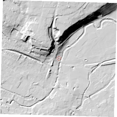 Shaded relief map of the ground around SG143EL, computed from Environment Agency LiDAR. The ground here sits at about 38 m above sea level and falls 35 m across the surrounding 800 m. Surface water reaching this point runs off ground lying to the north, 33.4 m higher.
