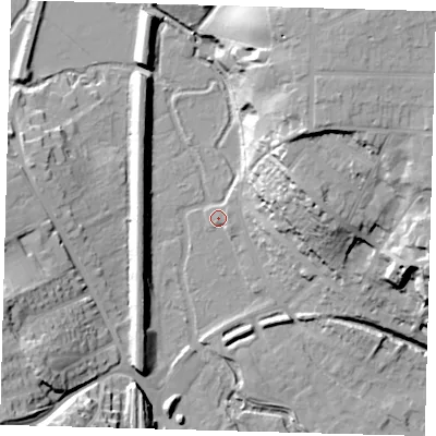 Shaded relief map of the ground around SG143FH, computed from Environment Agency LiDAR. The ground here sits at about 40 m above sea level and falls 33 m across the surrounding 800 m. Surface water reaching this point runs off ground lying to the north-east, 31.4 m higher.