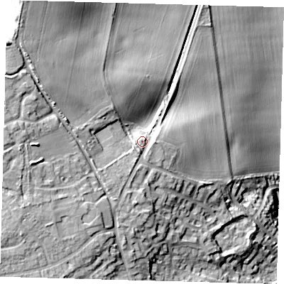 Shaded relief map of the ground around SG143HJ, computed from Environment Agency LiDAR. The ground here sits at about 64 m above sea level and falls 36 m across the surrounding 800 m. Surface water reaching this point runs off ground lying to the south-west, 4.7 m higher.