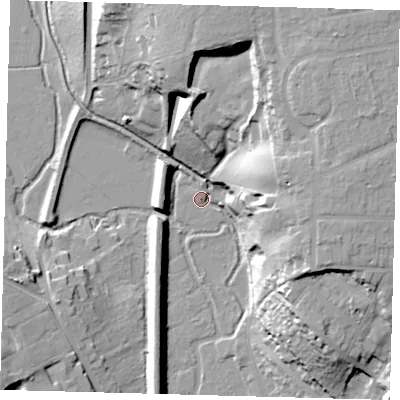 Shaded relief map of the ground around SG143LT, computed from Environment Agency LiDAR. The ground here sits at about 40 m above sea level and falls 33 m across the surrounding 800 m. Surface water reaching this point runs off ground lying to the east-north-east, 29.8 m higher.