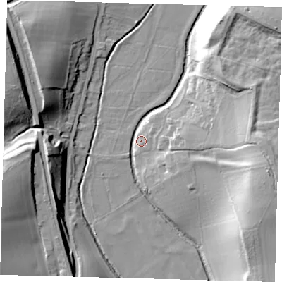 Shaded relief map of the ground around SG143NB, computed from Environment Agency LiDAR. The ground here sits at about 48 m above sea level and falls 29 m across the surrounding 800 m. Surface water reaching this point runs off ground lying to the west-north-west, 27.8 m higher.