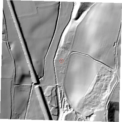 Shaded relief map of the ground around SG143NS, computed from Environment Agency LiDAR. The ground here sits at about 46 m above sea level and falls 31 m across the surrounding 800 m. Surface water reaching this point runs off ground lying to the east-north-east, 1.4 m higher.