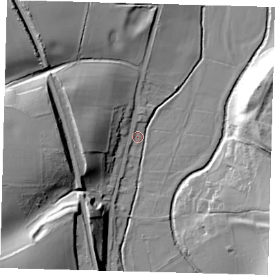 Shaded relief map of the ground around SG143NW, computed from Environment Agency LiDAR. The ground here sits at about 47 m above sea level and falls 31 m across the surrounding 800 m. Surface water reaching this point runs off ground lying to the west, 30.0 m higher.