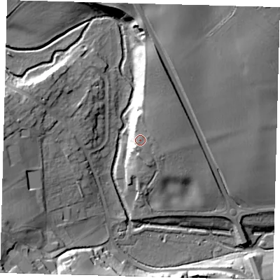 Shaded relief map of the ground around SG143RA, computed from Environment Agency LiDAR. The ground here sits at about 64 m above sea level and falls 31 m across the surrounding 800 m. Surface water reaching this point runs off ground lying to the north-east, 5.6 m higher.